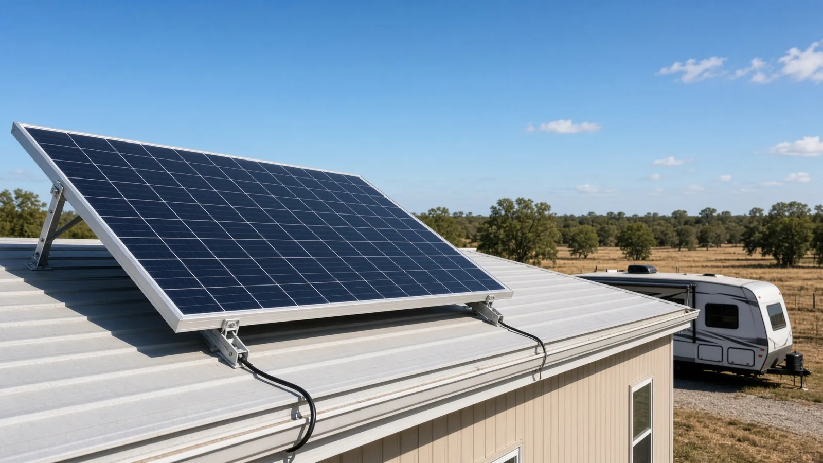 A 400 W monocrystalline solar panel mounted with aluminum brackets on the roof of a single-wide manufactured home, MC4 cabling running to a charge controller