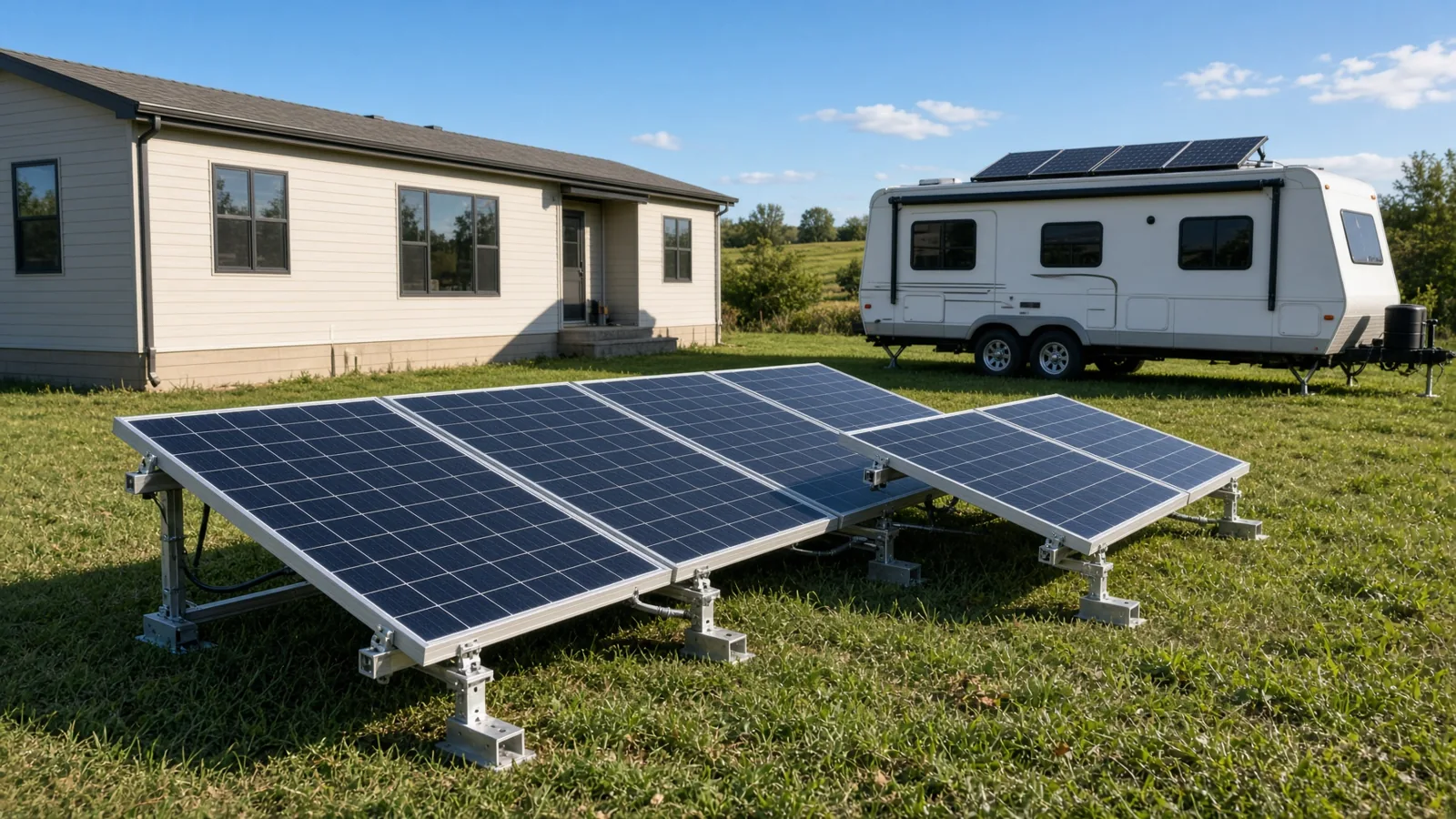 Ground-mounted solar panel array on an adjustable rack beside a manufactured home and a travel trailer in a sunny rural yard