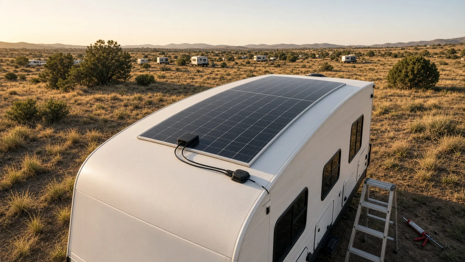 Thin flexible solar panel bonded to the curved white roof of a travel trailer in a desert campground, with cabling running to a sealed roof gland