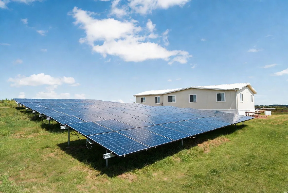 Ground-mounted solar panel array next to a manufactured home in a sunny rural setting