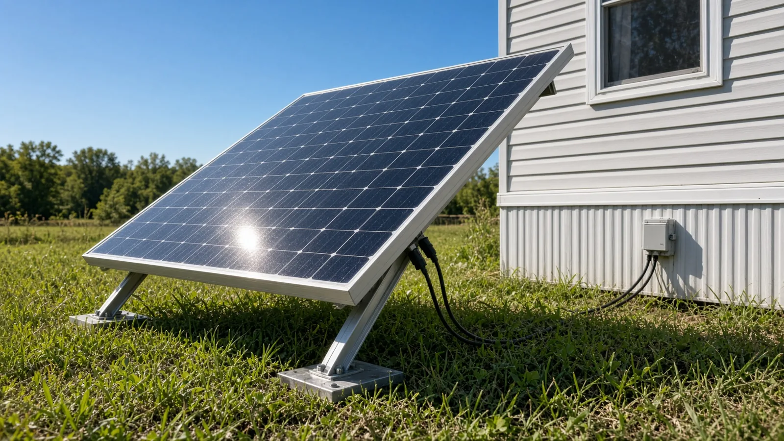 A 400 W monocrystalline solar panel on a ground-mount frame beside a single-wide manufactured home, cabling running to a charge controller box