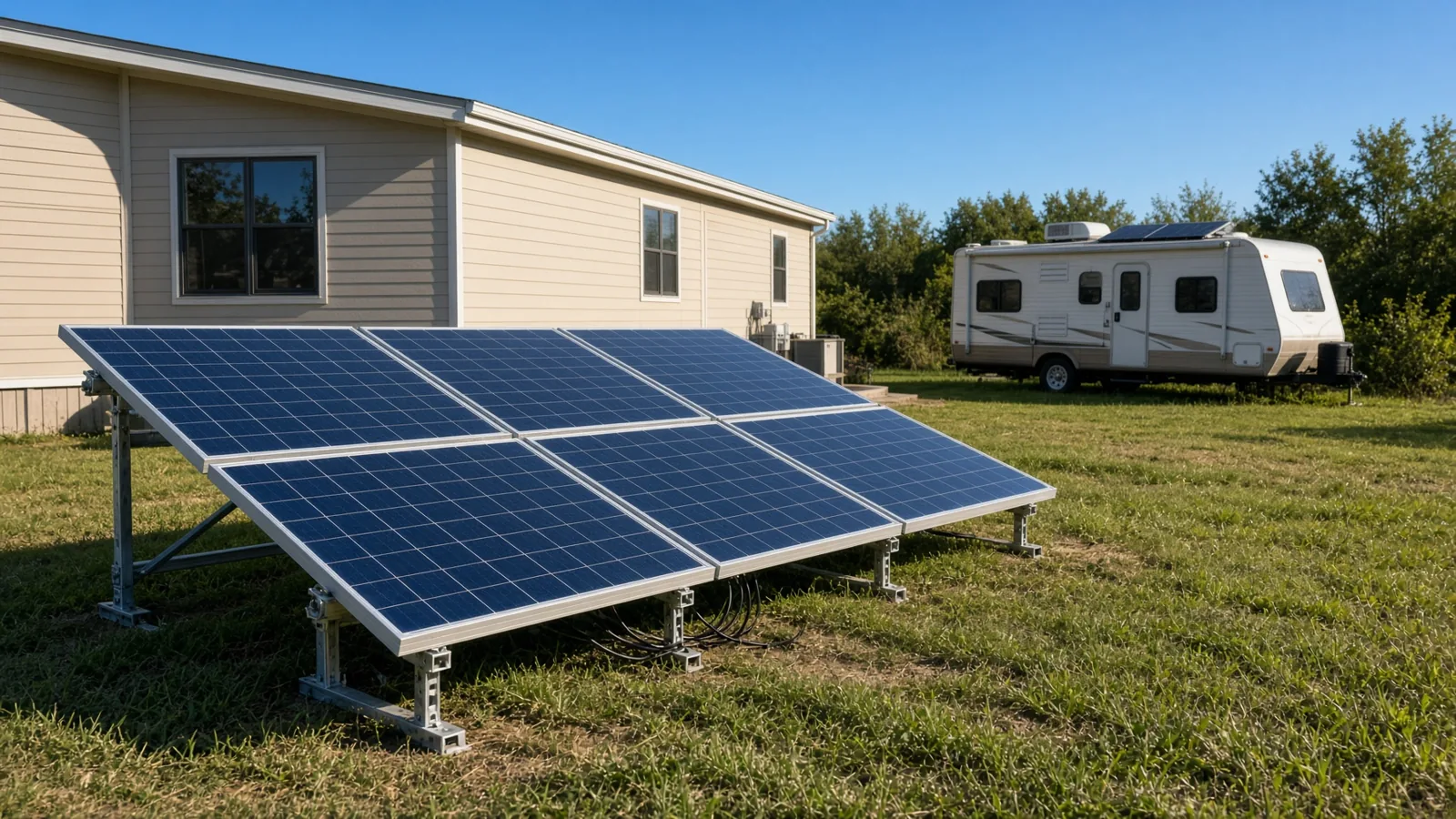 Six ground-mounted rigid solar panels on Z-brackets in a grassy yard beside a manufactured home, with a travel trailer RV and a flexible roof panel behind them