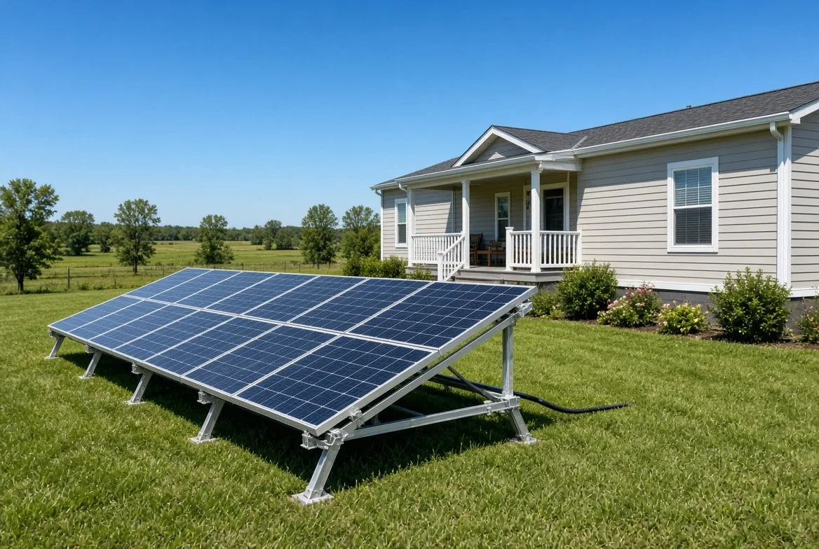 Ground-mounted DIY solar panel array on a grassy lawn next to a manufactured double-wide home