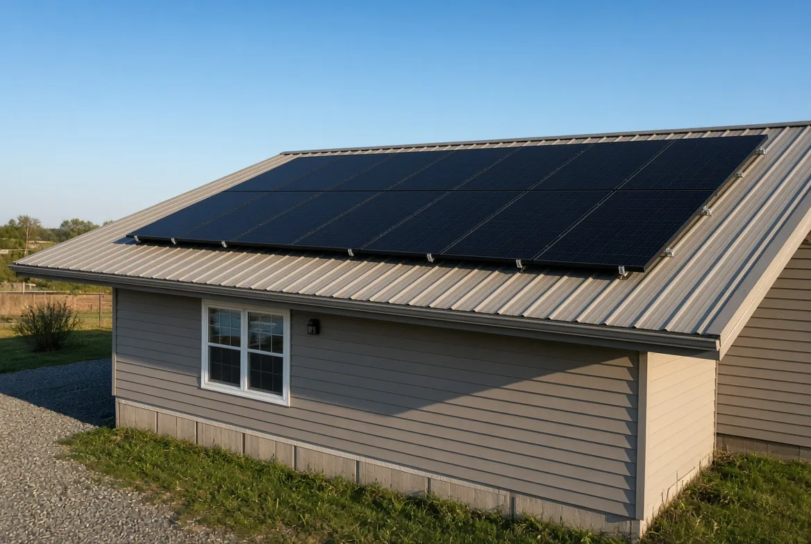 All-black back-contact solar panels mounted on the metal roof of a single-wide manufactured home