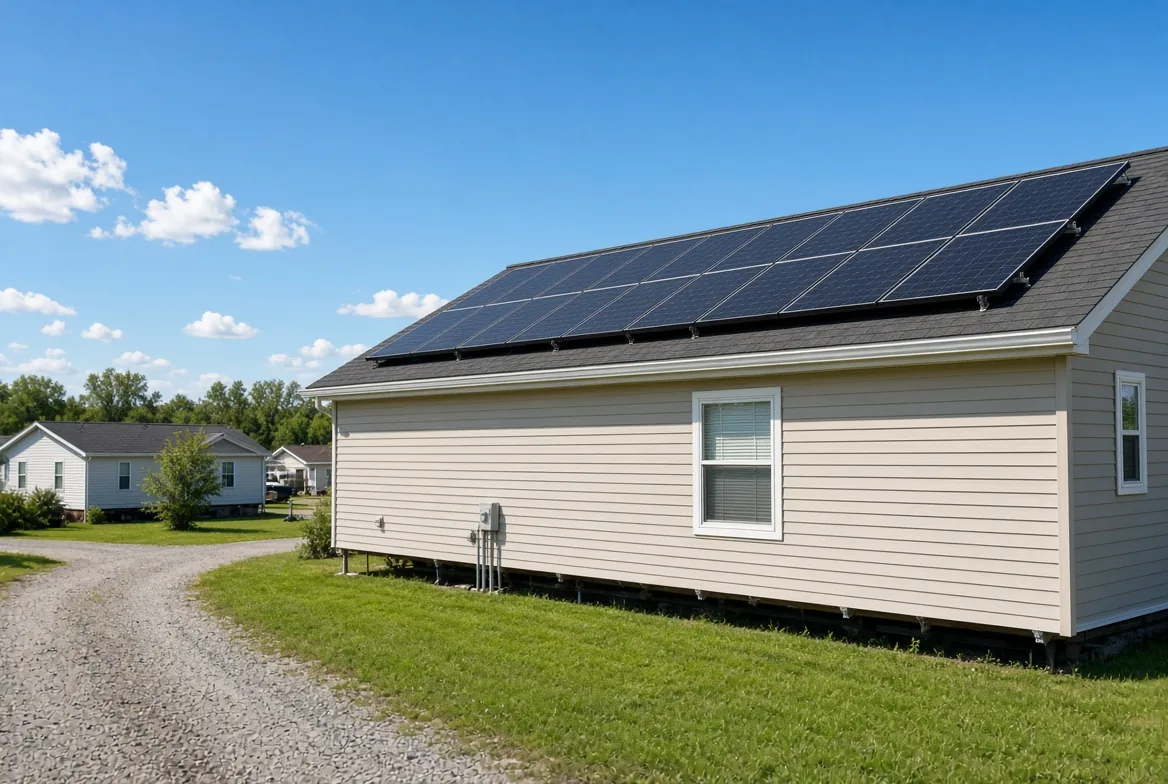Black monocrystalline solar panels mounted on the roof of a single-wide manufactured home in a sunny rural mobile home park
