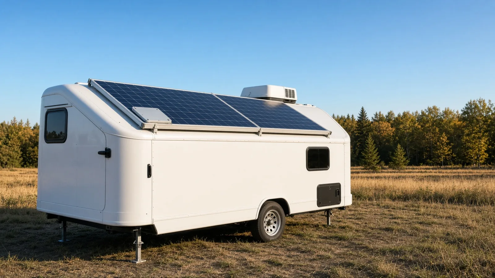 White single-axle travel trailer with two rigid solar panels mounted on its roof on aluminum rails beside a rooftop air conditioner