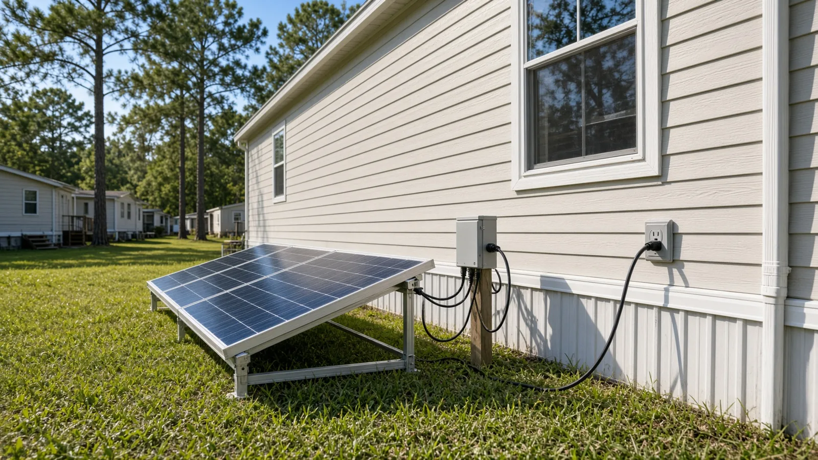 Ground-mounted pair of solar panels beside a manufactured home, cabled to a microinverter on a post and plugged into an exterior 120 V outlet