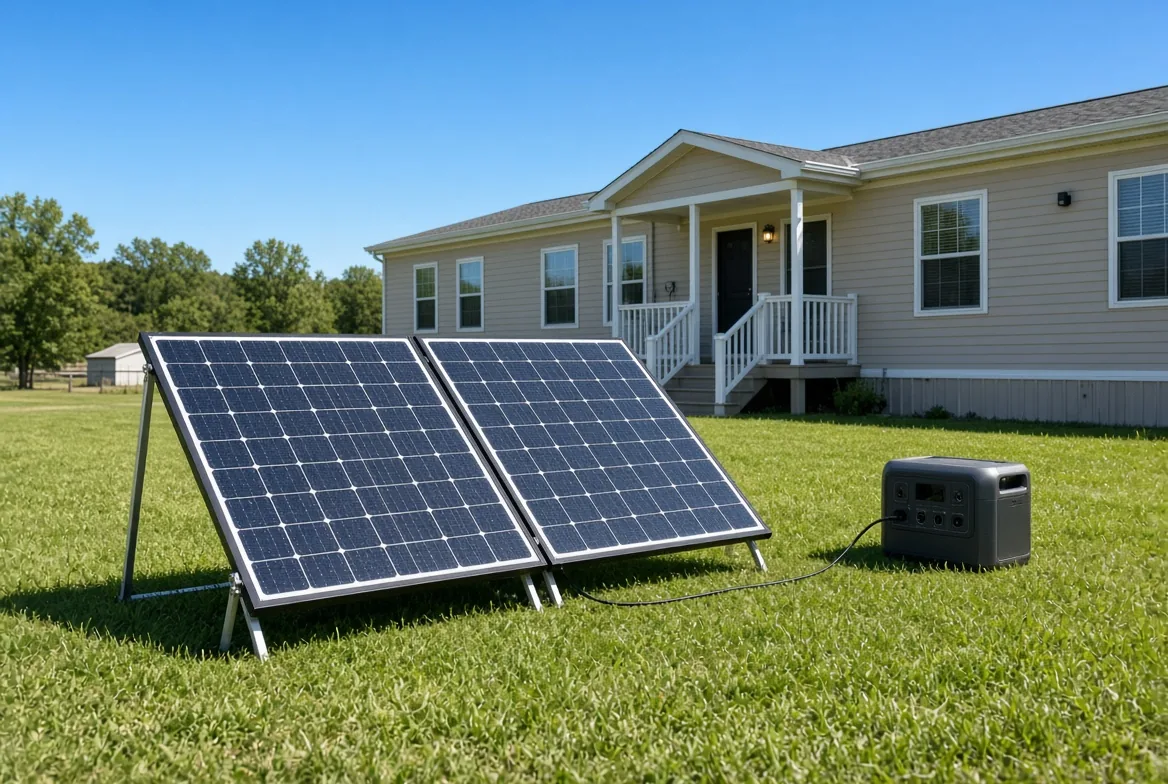 Two folding portable solar panels on kickstands wired to a portable power station on the lawn of a manufactured home