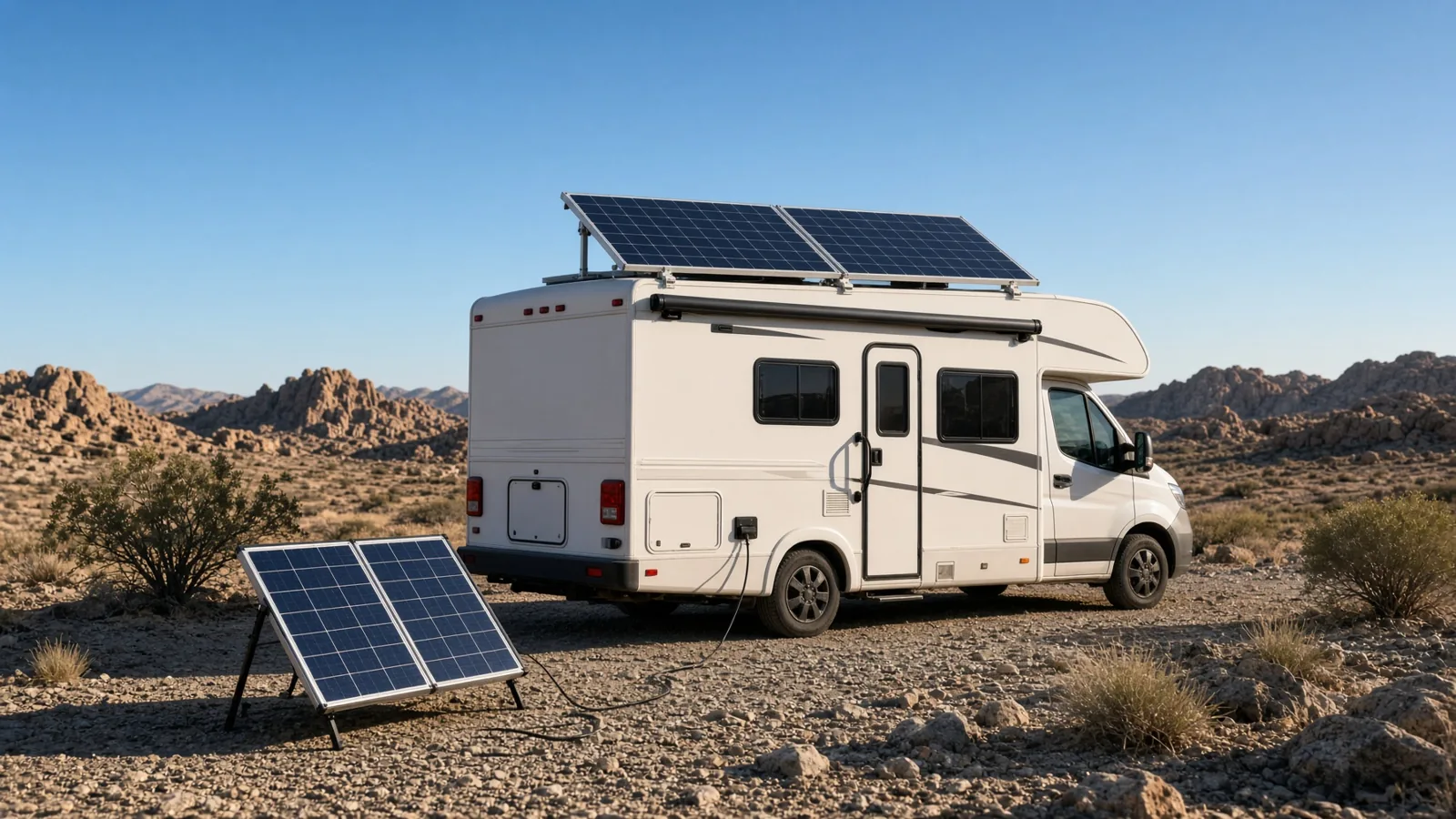 Class C motorhome with two rigid solar panels mounted on its roof and a folding portable solar panel propped at an angle on the ground, sunny desert campsite