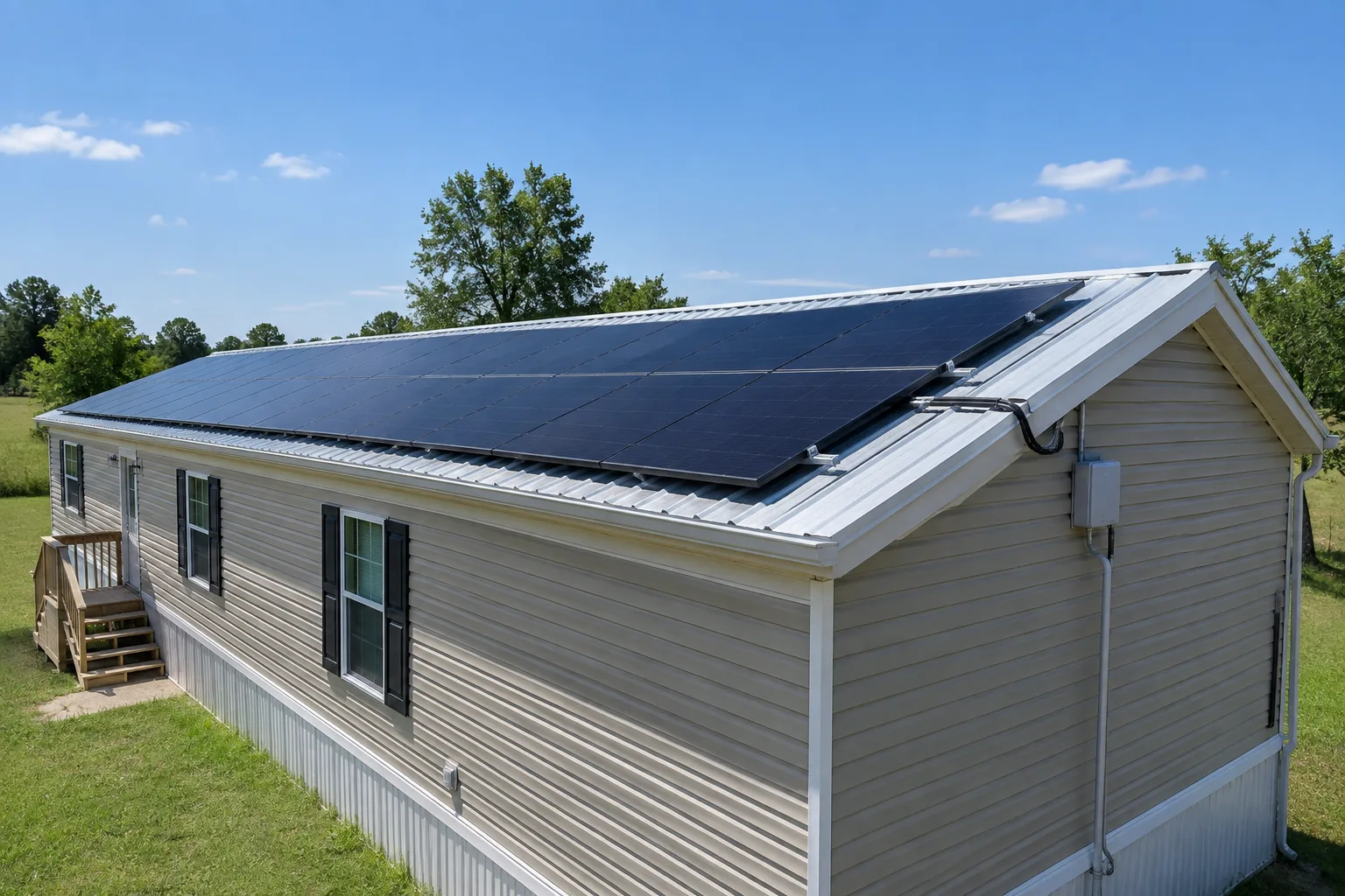 Rooftop array of black monocrystalline solar panels mounted on the metal roof of a single-wide manufactured home in a sunny rural setting