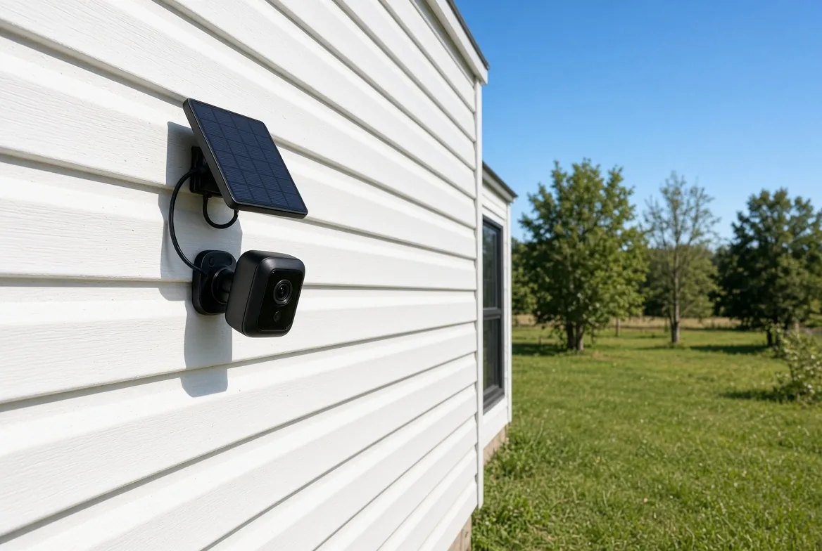 Black Ring security camera with a small solar panel mounted above it on the white vinyl siding of a manufactured home