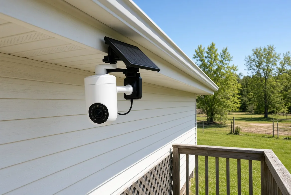 White Ring Stick Up Cam security camera with a small solar panel mounted on the eave of a manufactured mobile home on a sunny day