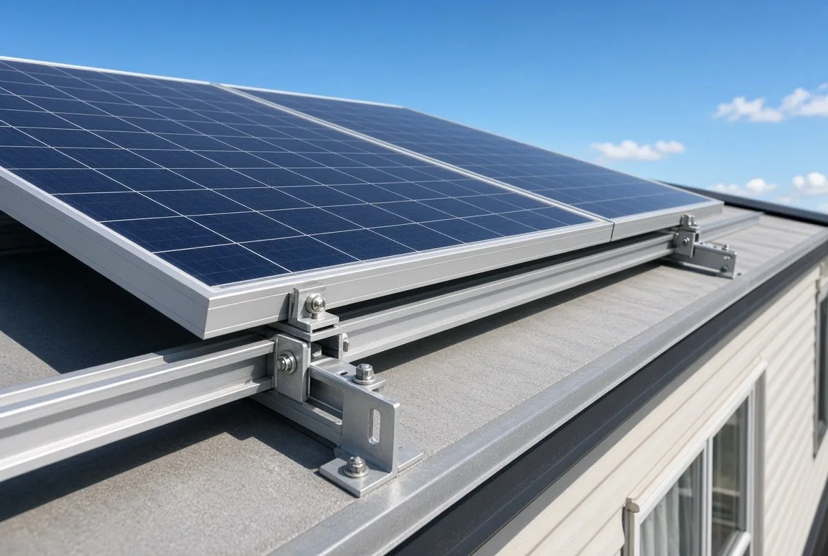 Close-up of a solar panel mounted with aluminum rail racking and metal brackets on a manufactured home roof