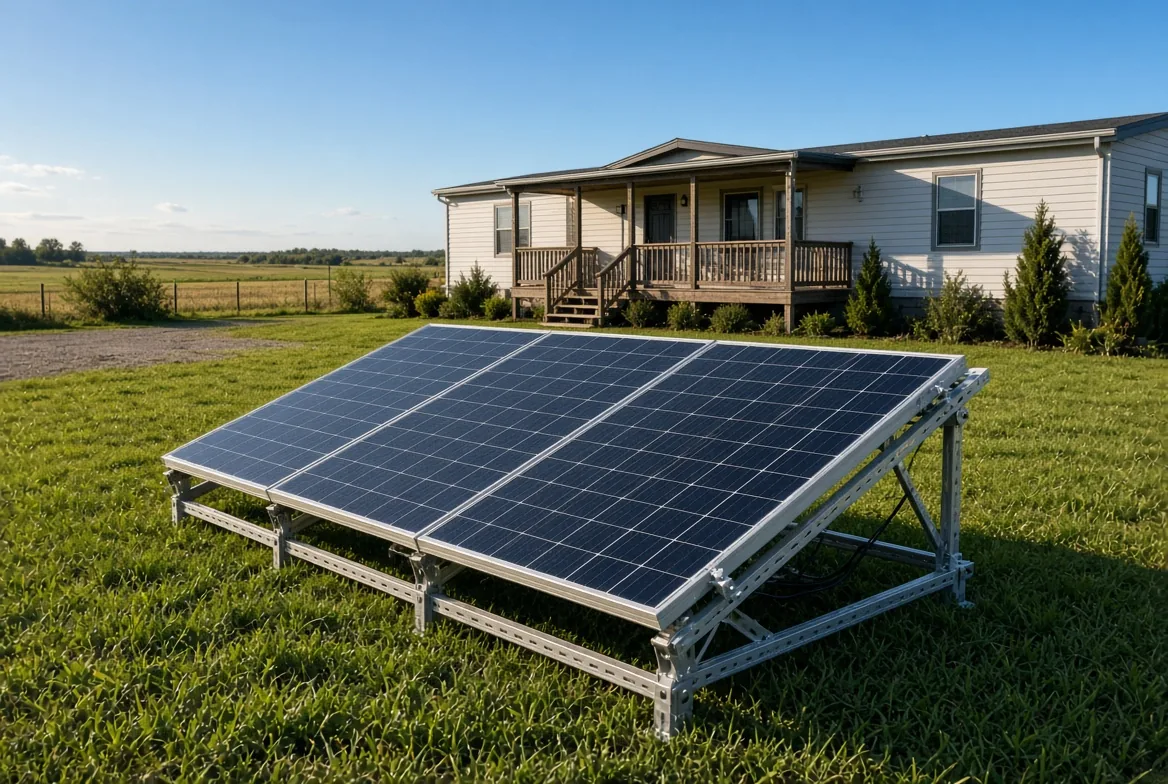 Ground-mounted 600W solar panel array on an adjustable rack beside a single-wide manufactured home in a sunny rural yard