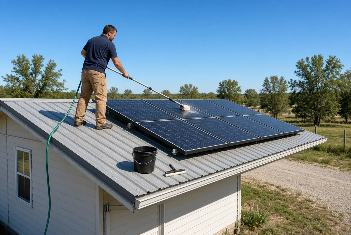 Technician on the roof of a single-wide manufactured home rinsing a six-panel roof-mounted solar array with a long water-fed pole, bucket and squeegee beside it