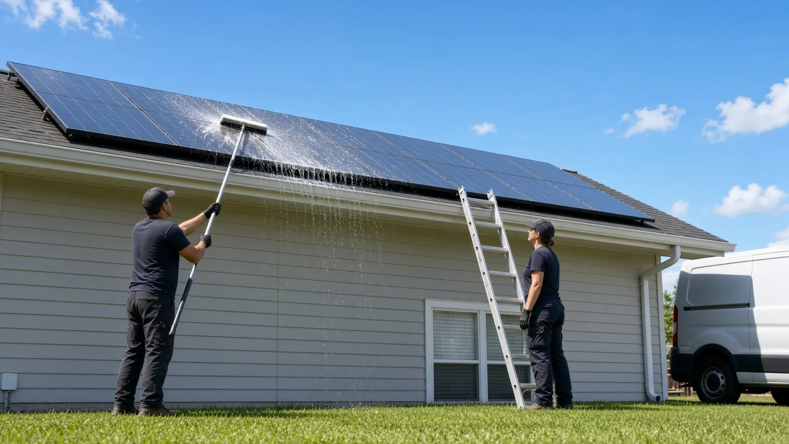 Two-person crew washing rooftop solar panels on a single-story manufactured home with a long telescoping water-fed brush pole as water sheets off the glass