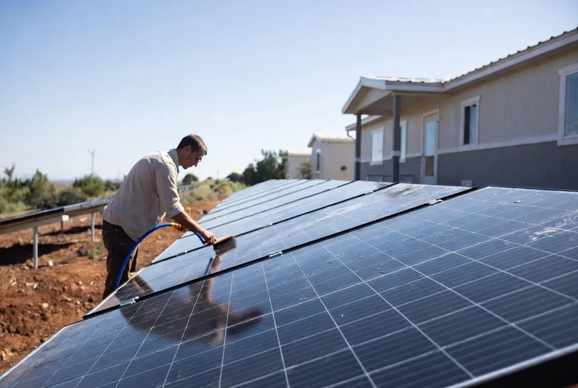 A person cleaning a ground-mounted solar panel array with a brush and hose next to a manufactured home