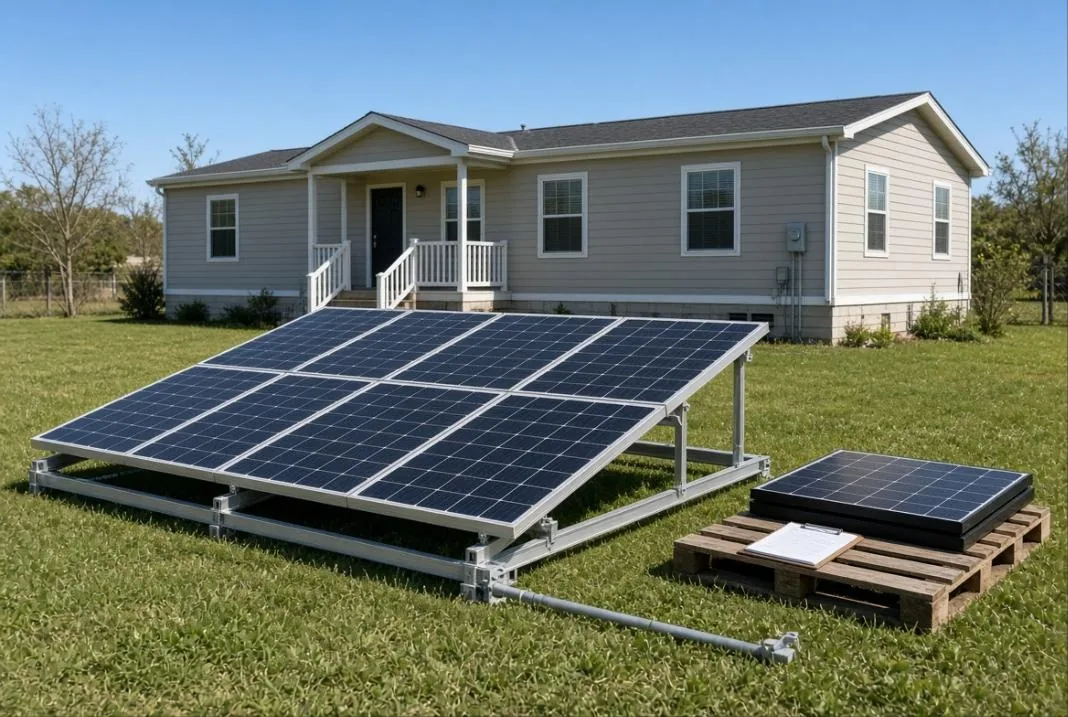 Ground-mounted solar array beside a modern single-wide manufactured home with a pallet of spare panels