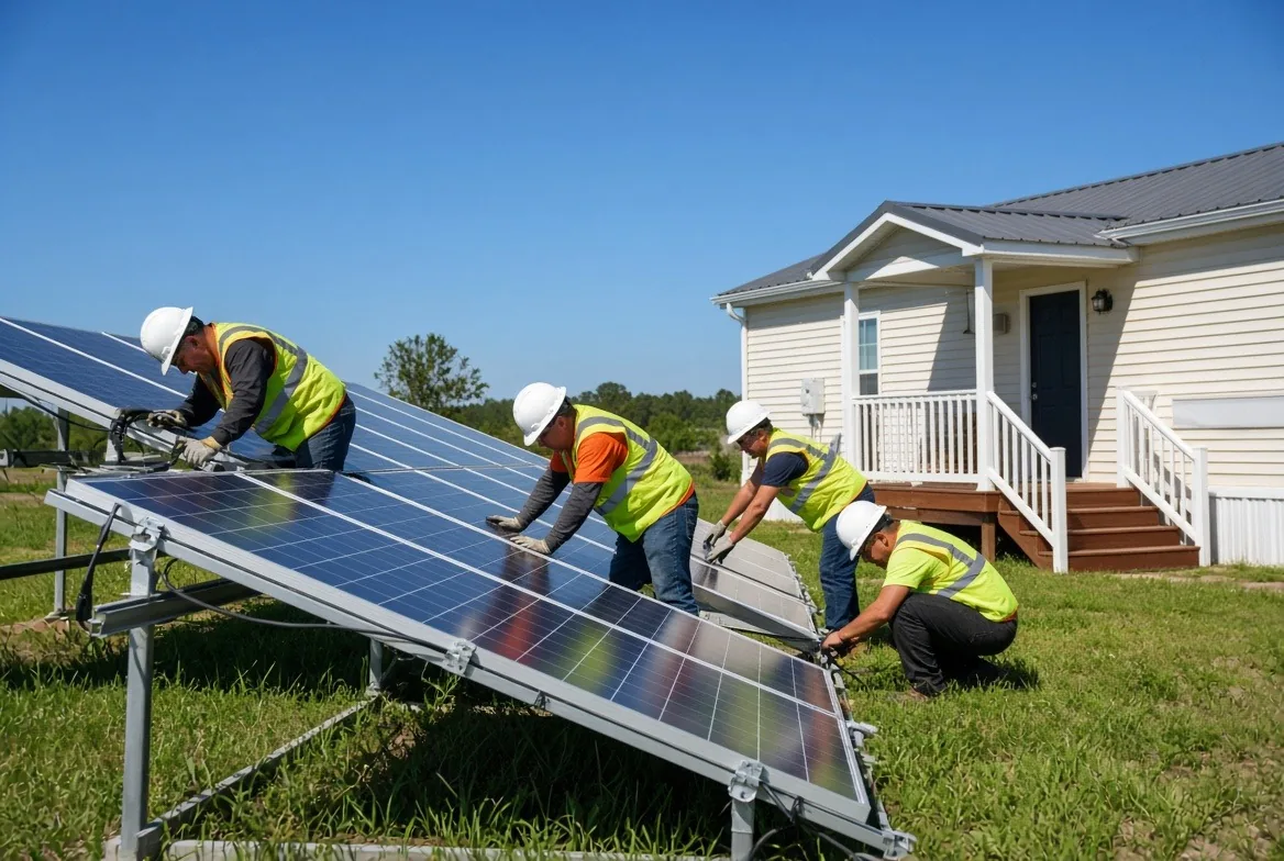 Solar installation crew mounting a ground-mount solar panel array next to a manufactured home