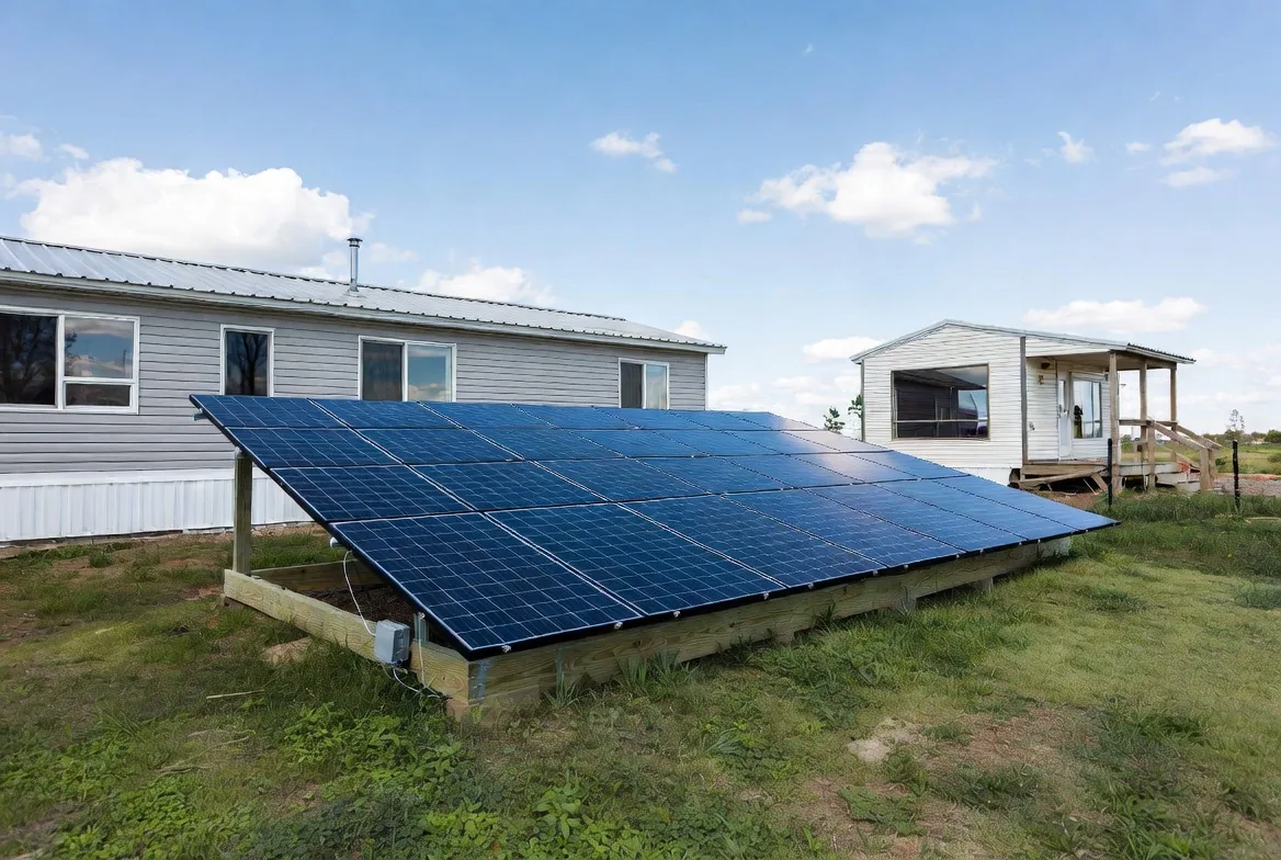 Ground-mounted DIY solar panel kit installed next to a manufactured mobile home