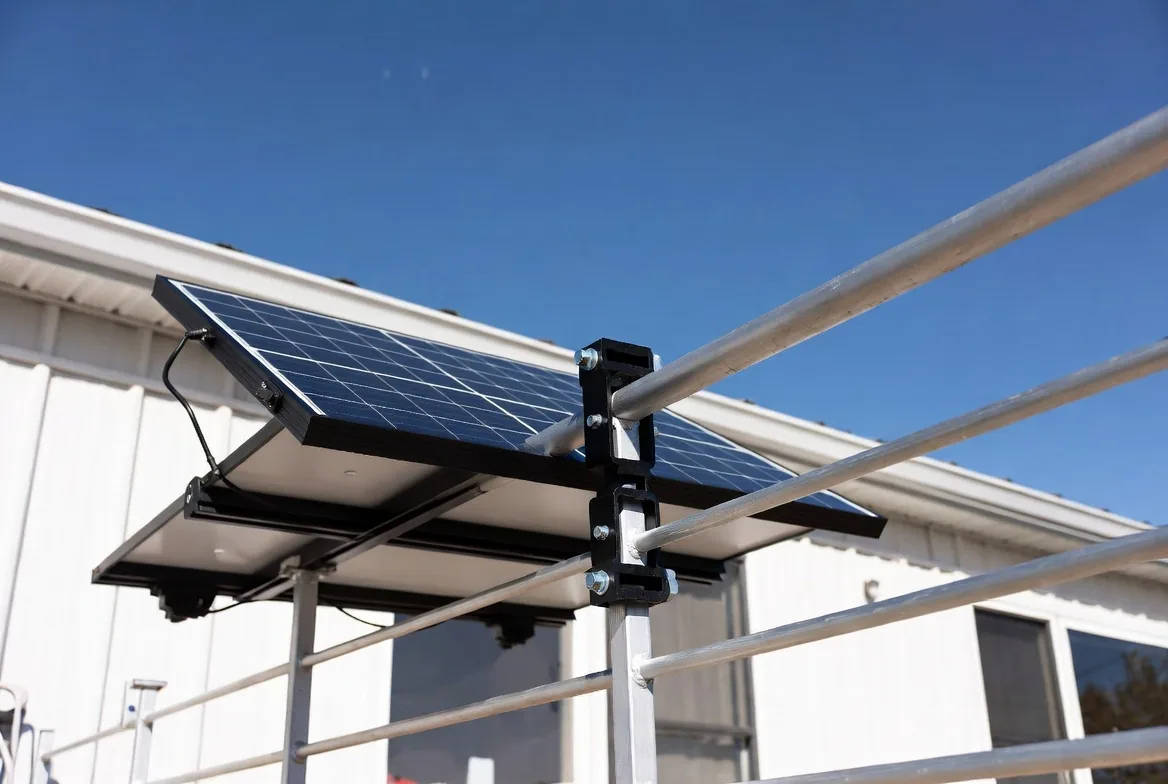 Portable solar panel mounted on an adjustable railing clamp bracket on the deck railing of a manufactured home