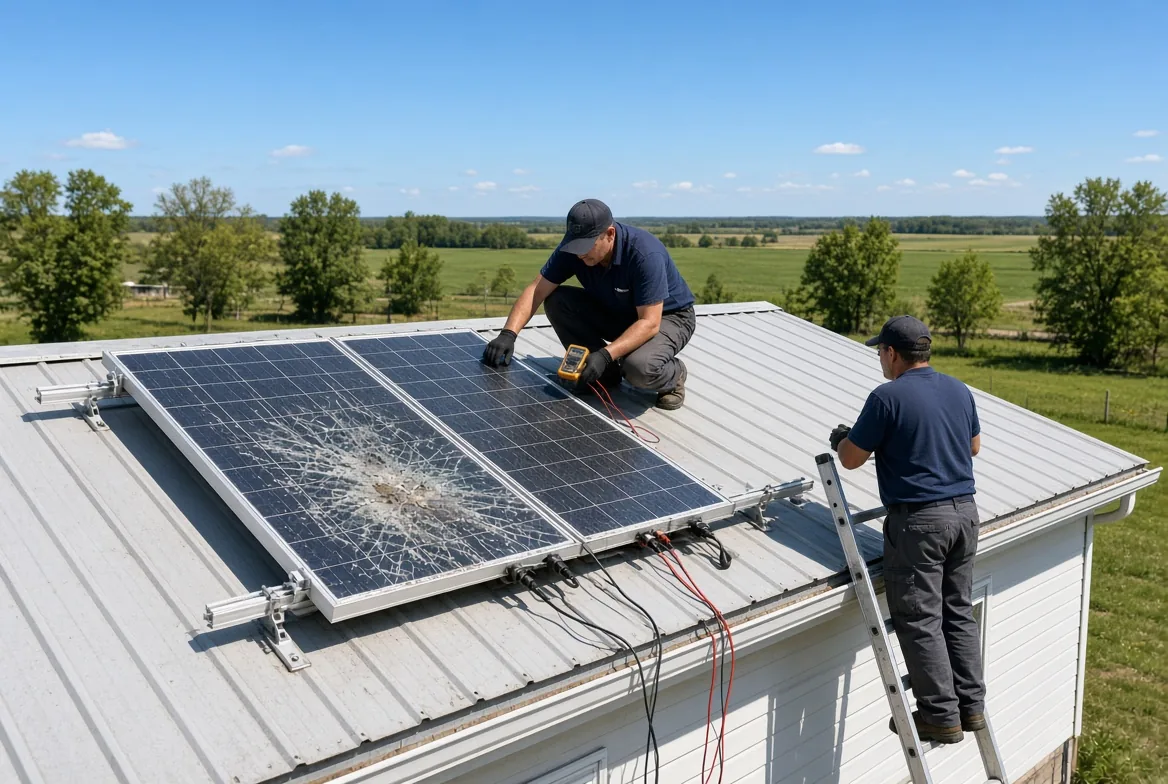 Technicians inspecting a cracked solar panel on the metal roof of a manufactured home with a multimeter