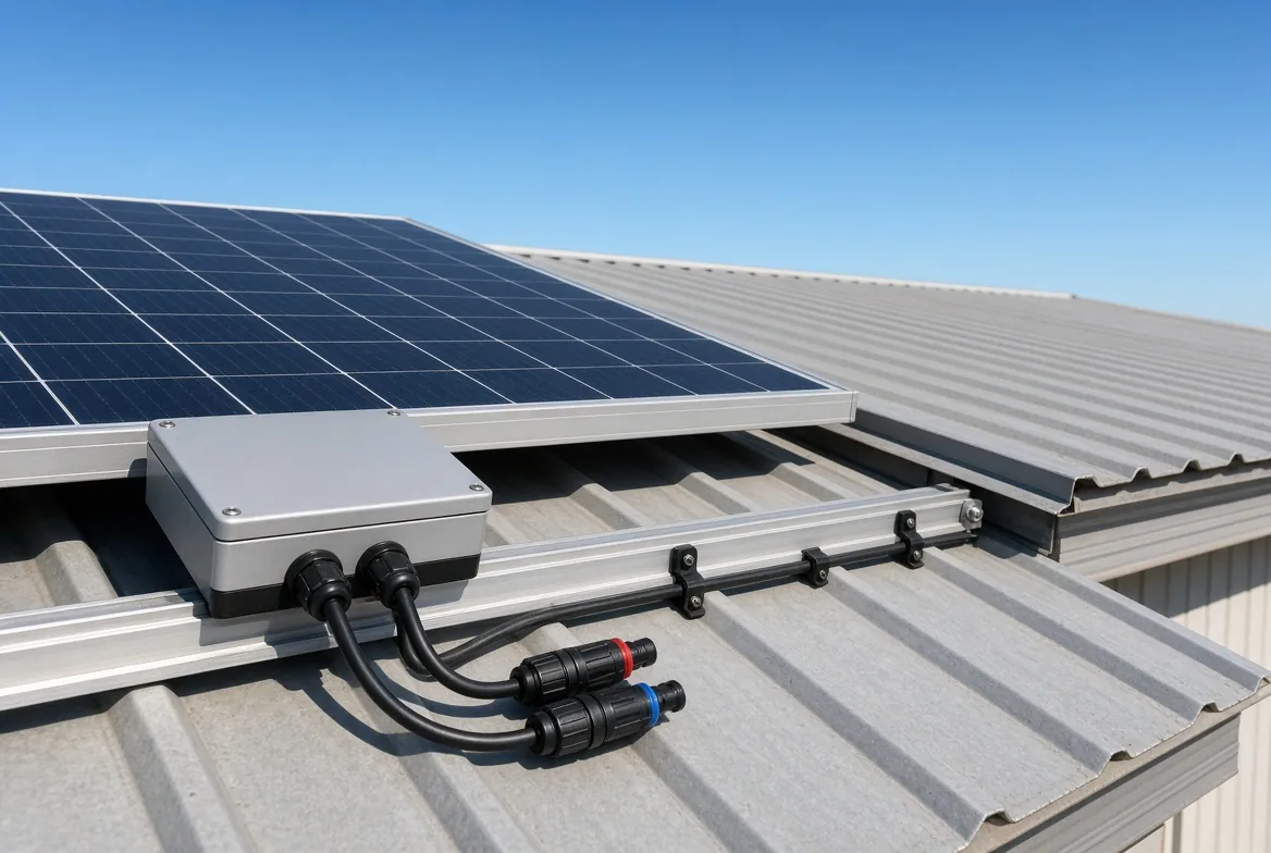 Close-up of solar panel MC4 connectors and PV wire routed along a metal roof mount on a manufactured home