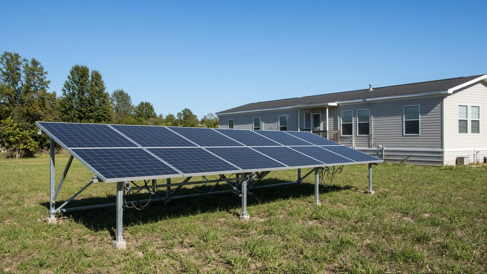 Ground-mounted solar panel array on metal racking next to a manufactured mobile home in a grassy rural yard