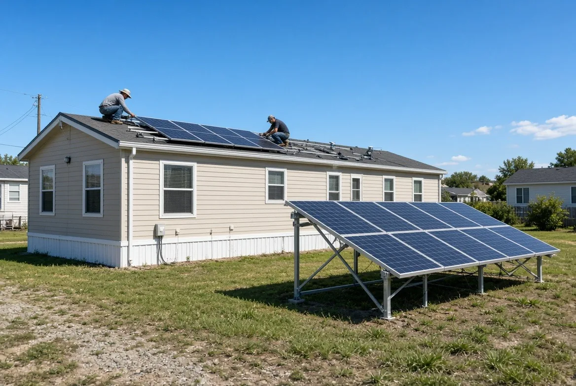 Workers installing rooftop solar panels on a manufactured home with a ground-mounted solar array also visible in the yard