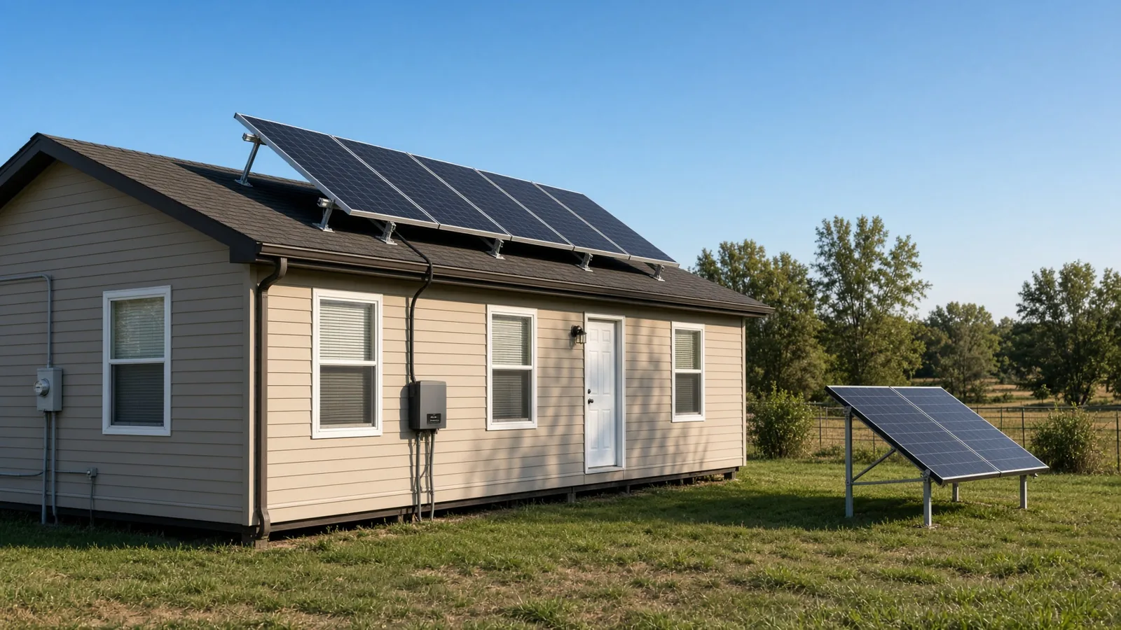 Single-wide manufactured home with solar panels mounted on its shingle roof and a ground-mounted pair beside it