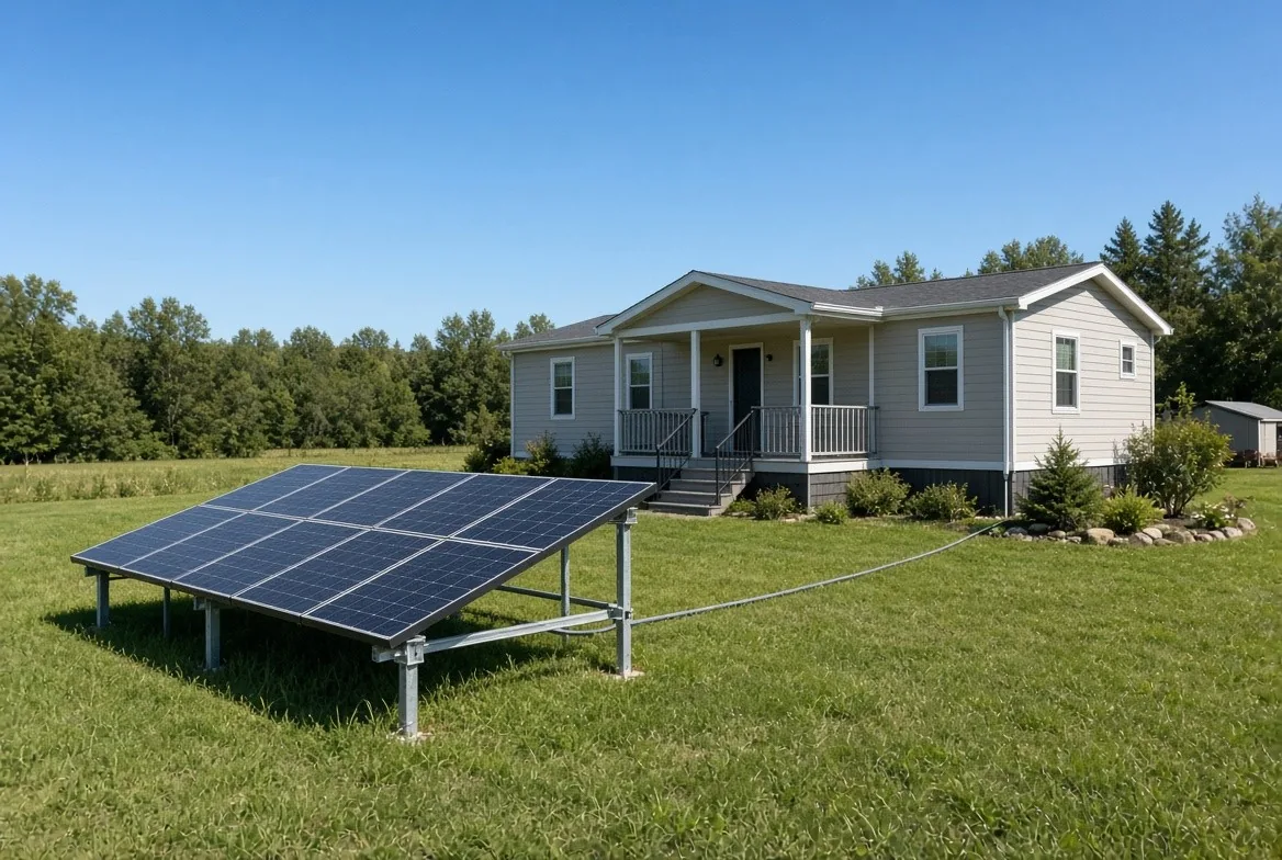 Ground-mounted solar panel array on a grassy lot next to a manufactured home with cabling running to the house