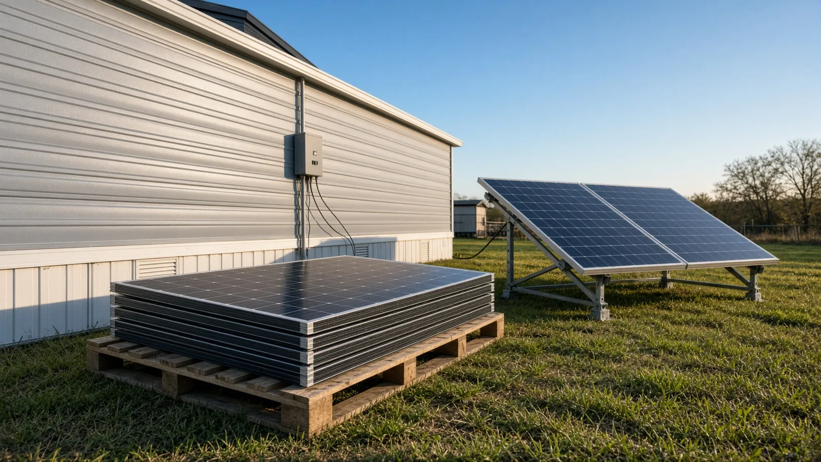 Pallet of new solar panels beside a ground-mounted array and a single-wide manufactured home