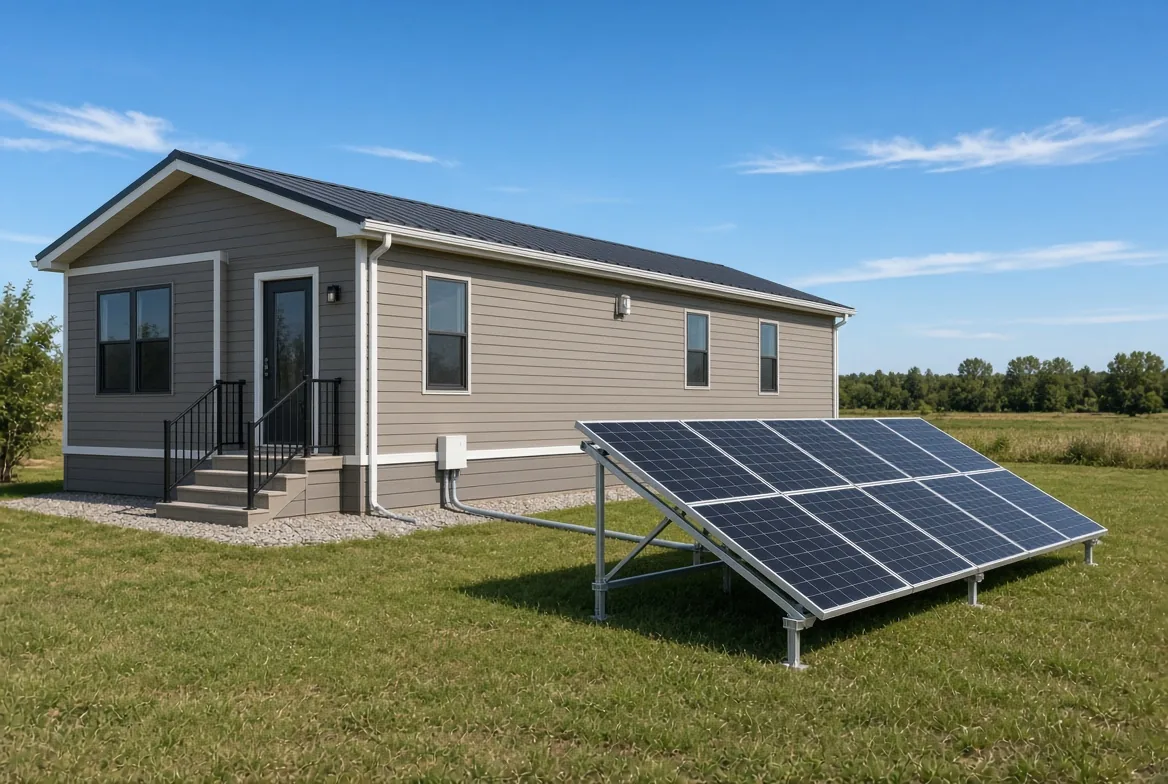 Ground-mounted solar panel array beside a modern manufactured home on a sunny rural lot