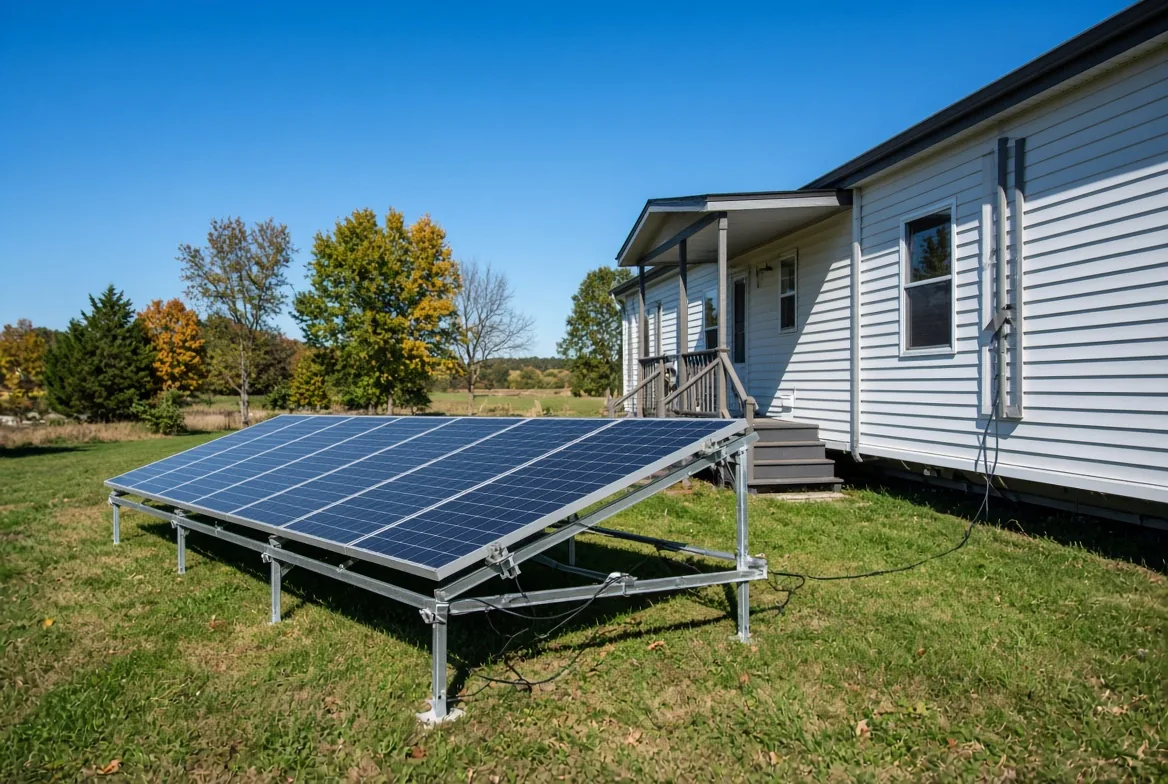Ground-mounted DIY solar panel kit next to a manufactured home in a grassy rural yard on a sunny autumn day