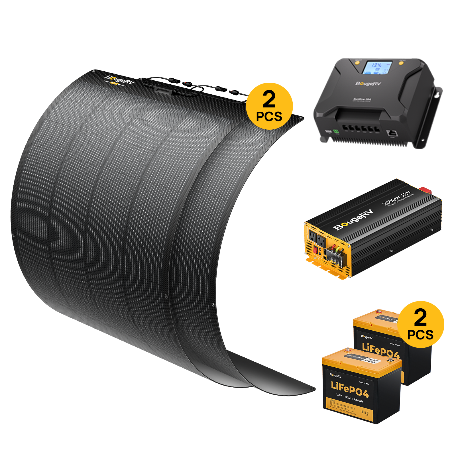 Complete 400W Arch 2.0 kit — two flexible panels, 40A MPPT, two batteries, and inverter