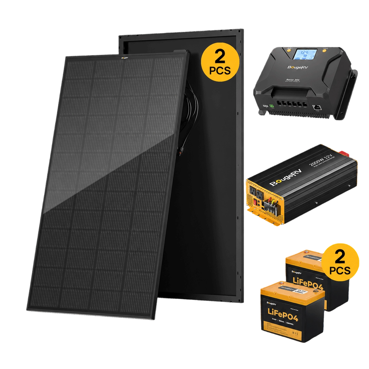 Complete 400W ShadePower kit — two rigid panels, 40A MPPT, battery, and inverter