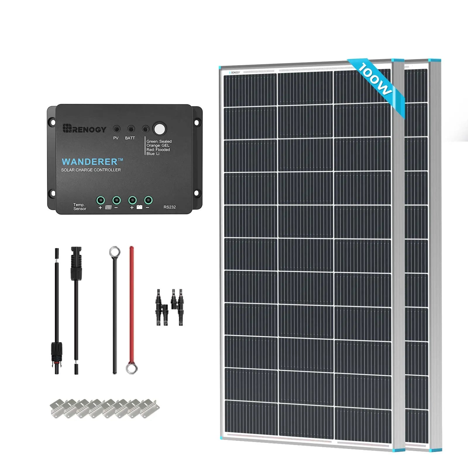 Complete 200W kit — Wanderer controller, two panels, and cabling