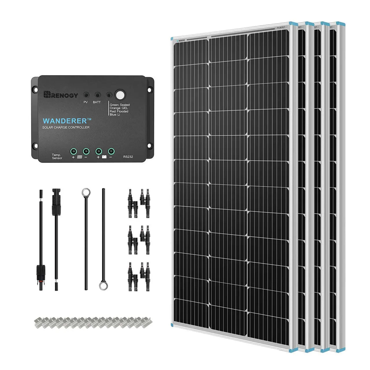 Complete 400W kit — Wanderer controller, cabling, brackets, and four panels