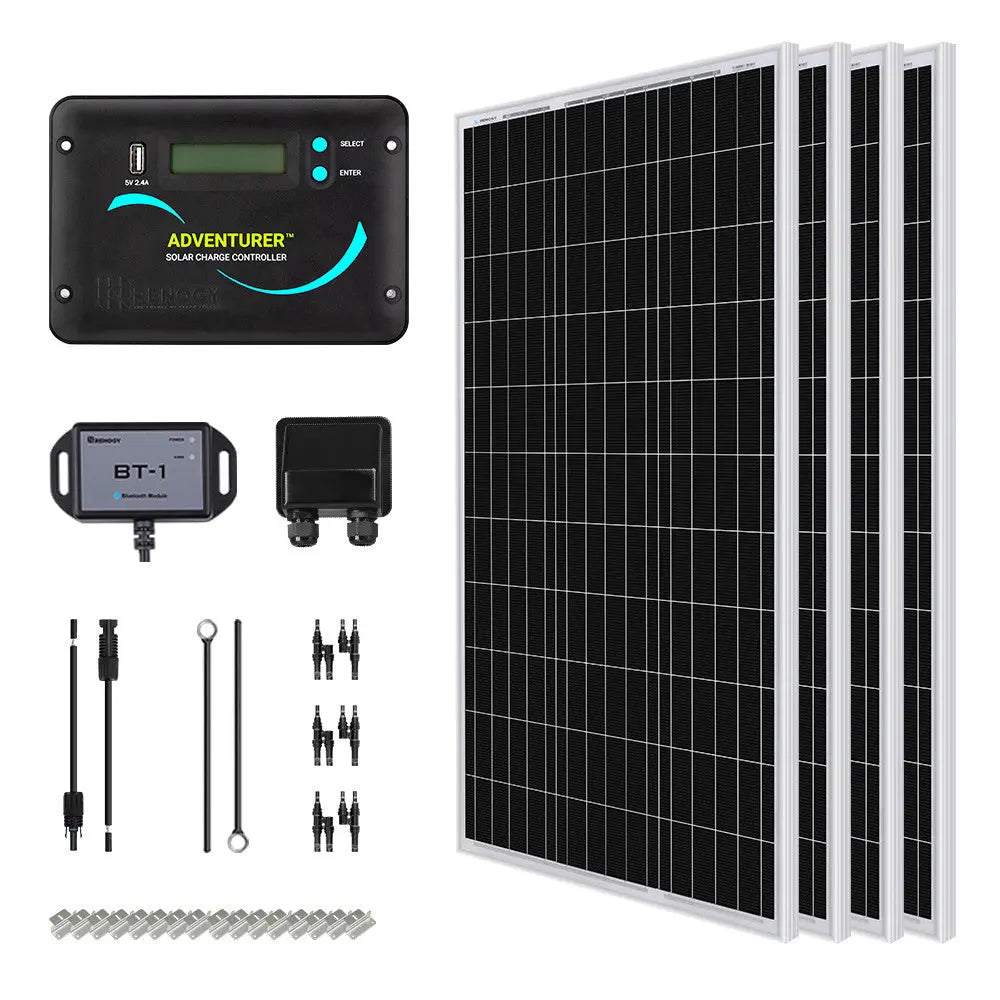 Complete 400W kit — controller, BT module, cabling, and four panels