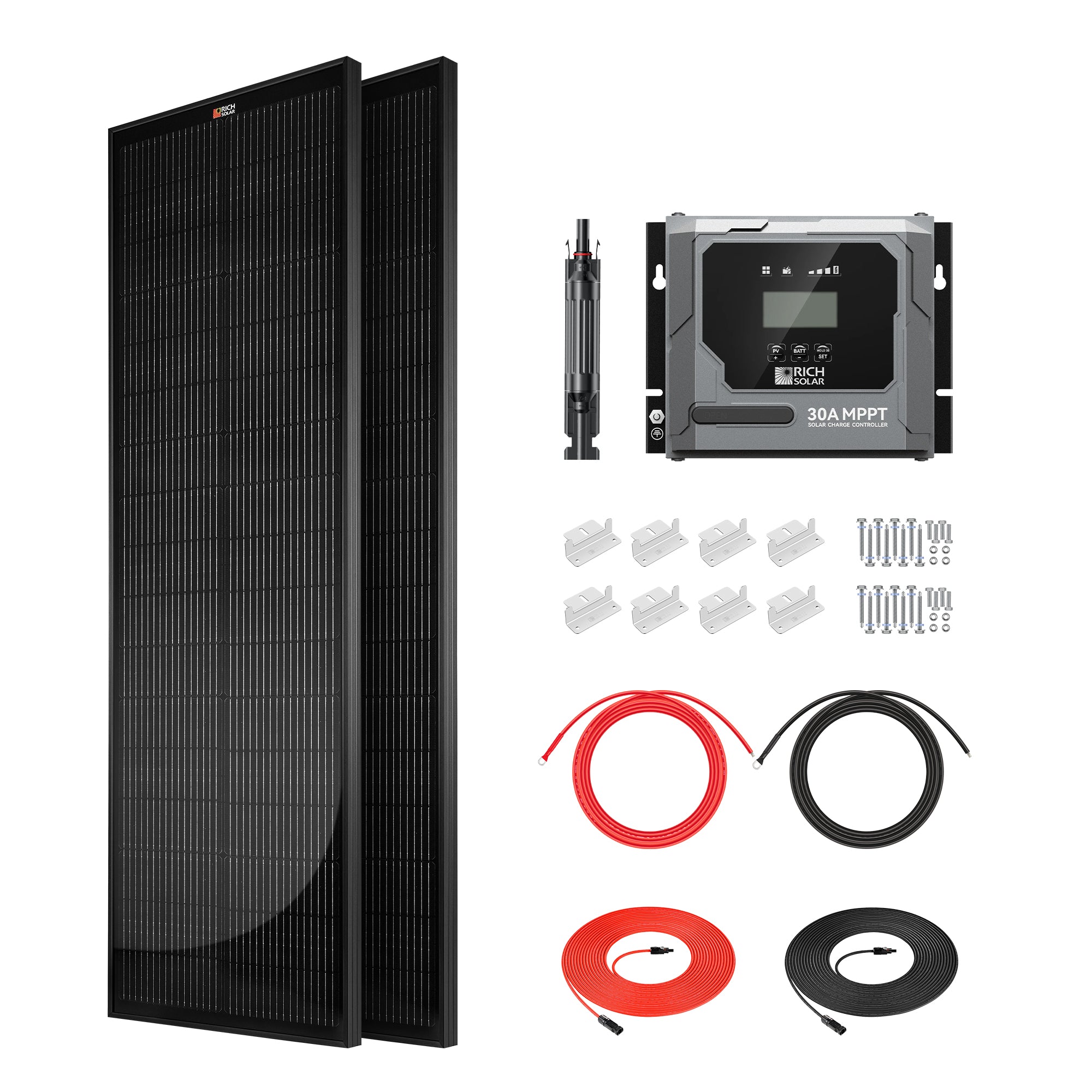 Complete 200W SLIM kit — two panels, MPPT controller, brackets, and cabling